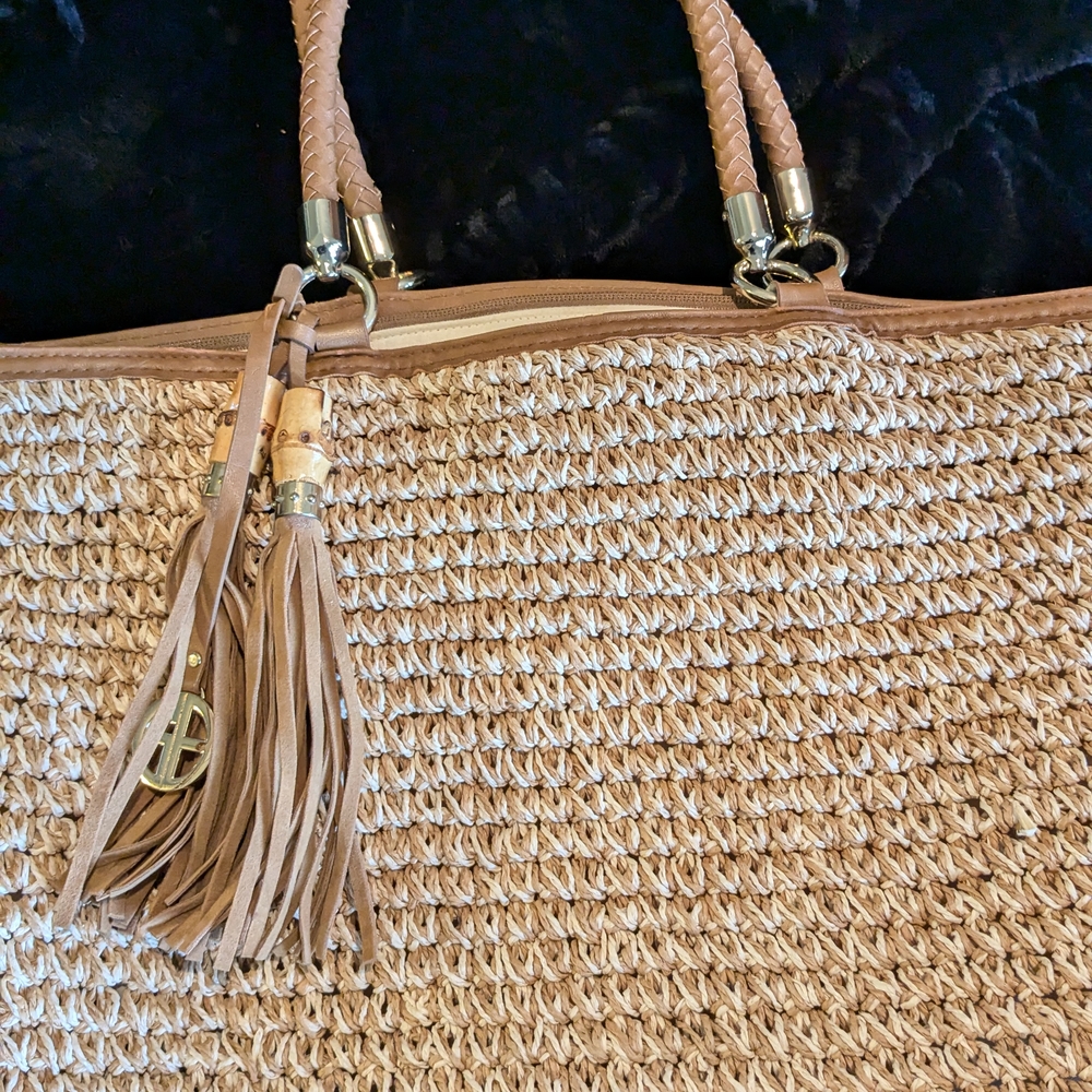 Beige Woven Tote Bag with Tassel